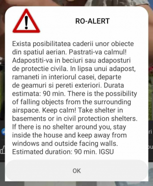 Avertizare Ro-Alert la Galaţi despre &quot;căderea unor obiecte din spaţiul aerian&quot;